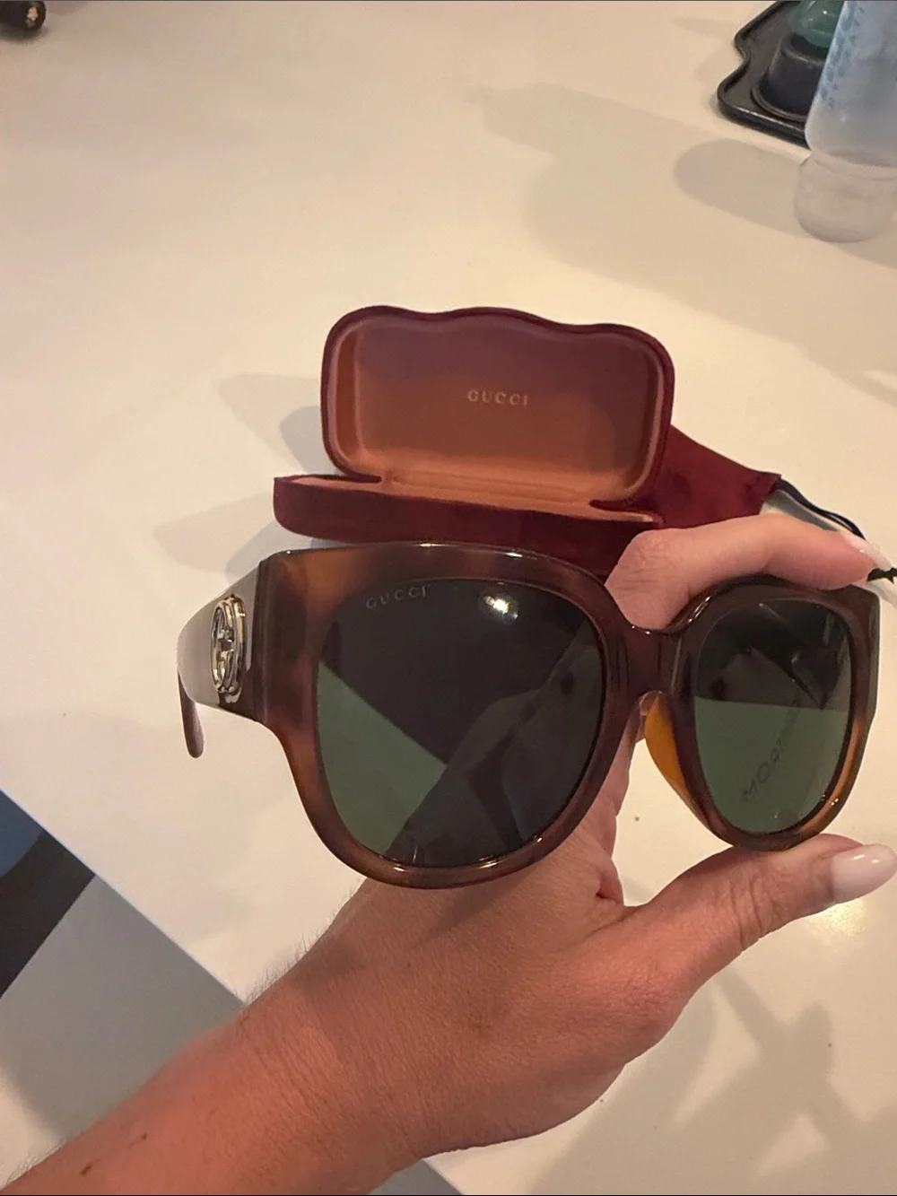 Gucci Oversized Women’s Dark Tortoise Frame Sunglasses with Green Lenses